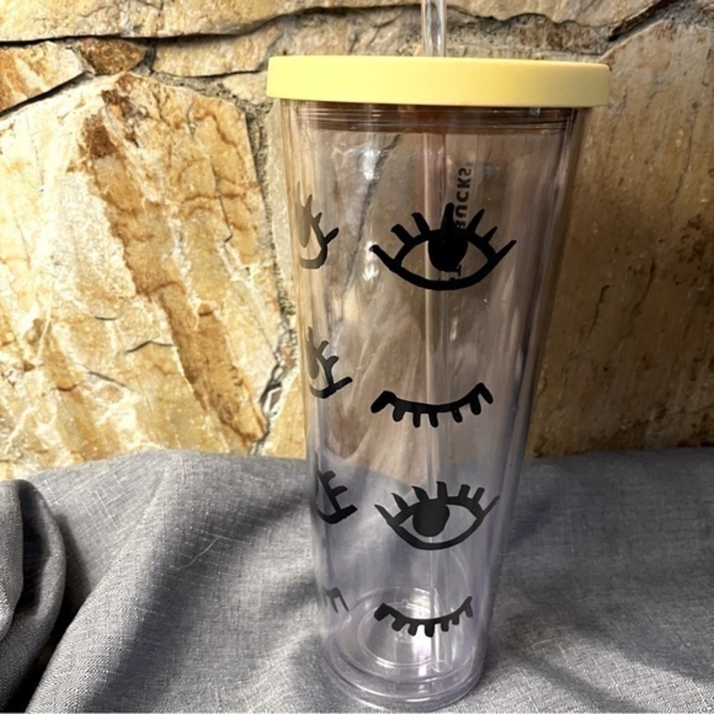 Starbucks 2017 24oz Venti Cold Cup clear Tumbler with Eyes and Winky eyes